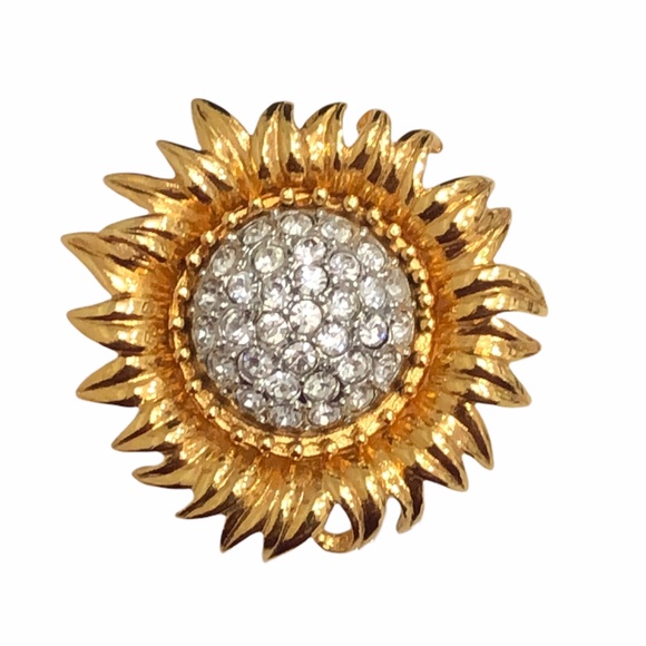 JOAN RIVERS GOLDEN SUNFLOWER BROOCH WITH PAVE CLEAR CRYSTAL CENTER - Picture 2 of 16